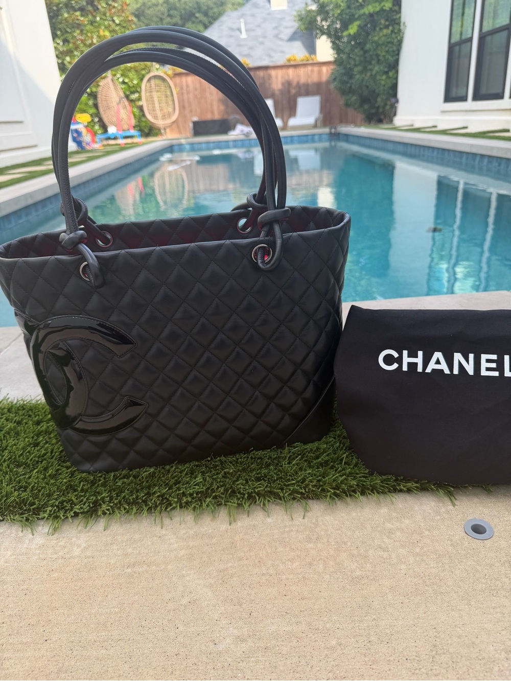 Authentic CHANEL Cambon Quilted Lambskin  Tote Black CC Logo